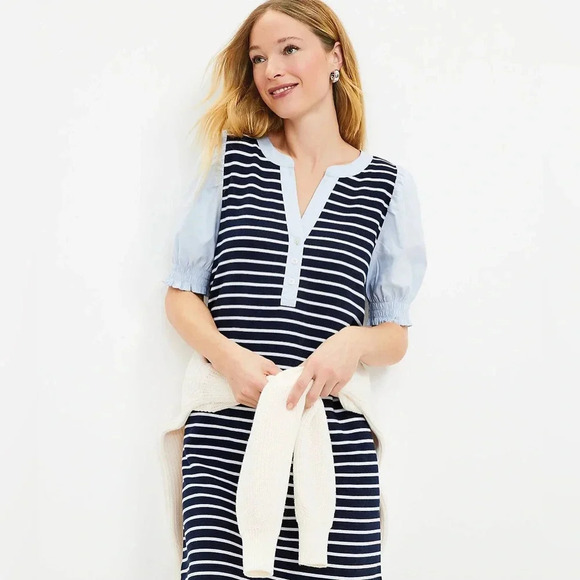 Ann Taylor LOFT Striped Mixed Media V-Neck Cotton Shift Dress Size Small S - Picture 7 of 7